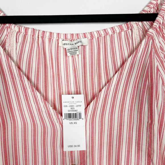 New American Eagle XSmall XS Red Cream Striped Tie Front Button Front Shirt Top - Picture 6 of 9